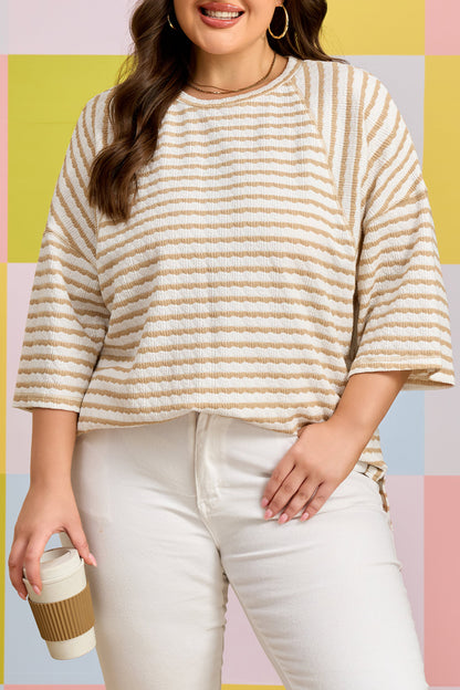 Plus Size Stripe Textured Patchwork 3/4 Sleeve Top