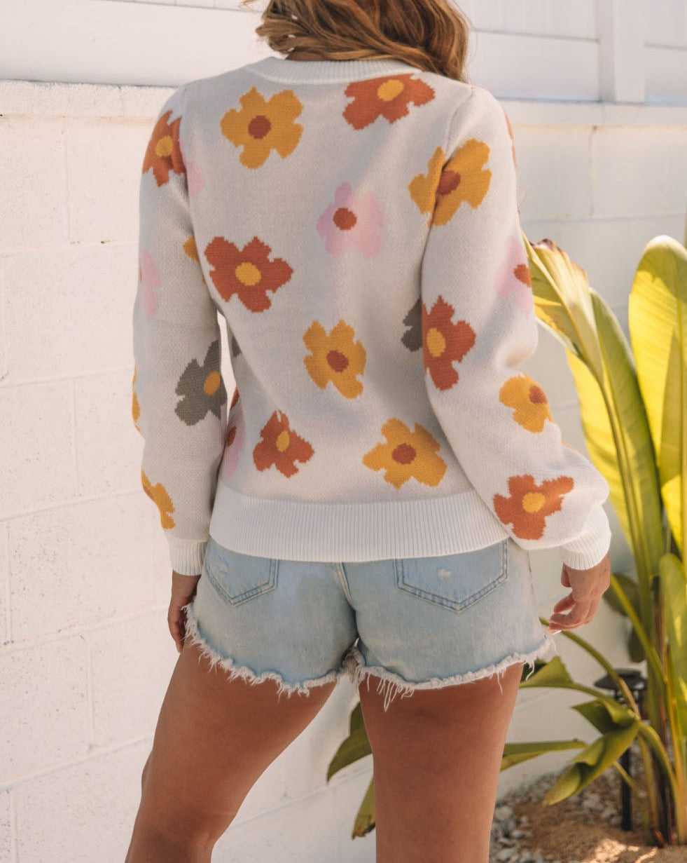 Floral Rib Trim Crewneck Sweater