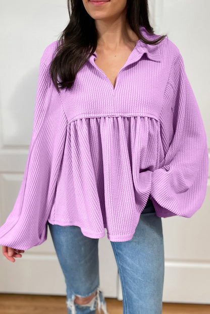 Corded V-Neck Bubble Sleeve Blouse