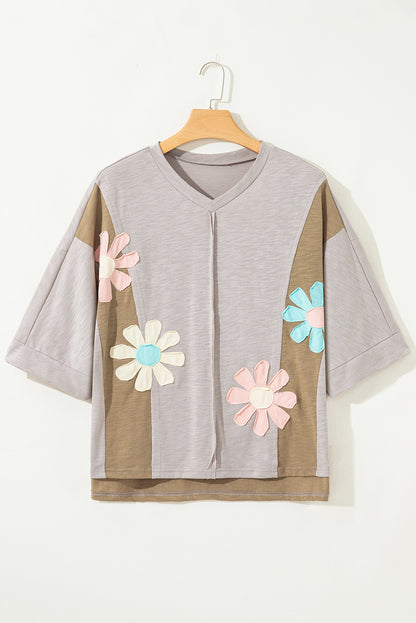 Flower Patch Exposed Seam 3/4 Sleeve T-Shirt