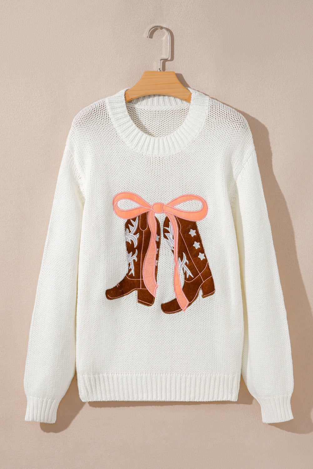 Western Bow Tie Boots Embroidered Drop Shoulder Sweater