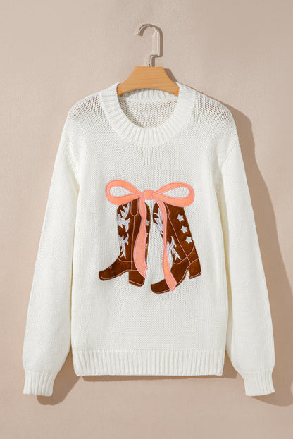 Western Bow Tie Boots Embroidered Drop Shoulder Sweater