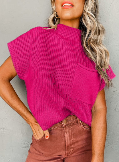 Ribbed Short Sleeve Pocketed Sweater