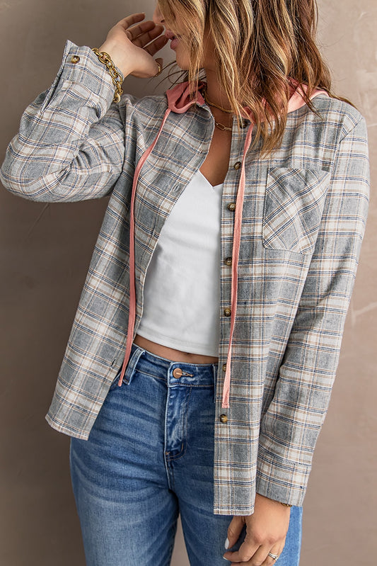 Plaid Drawstring Hooded Shacket