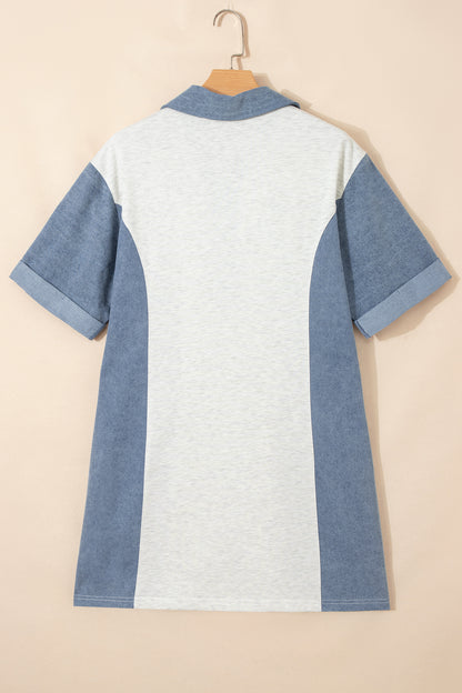 Colorblock Denim Patchwork Polo Collar Tunic Dress