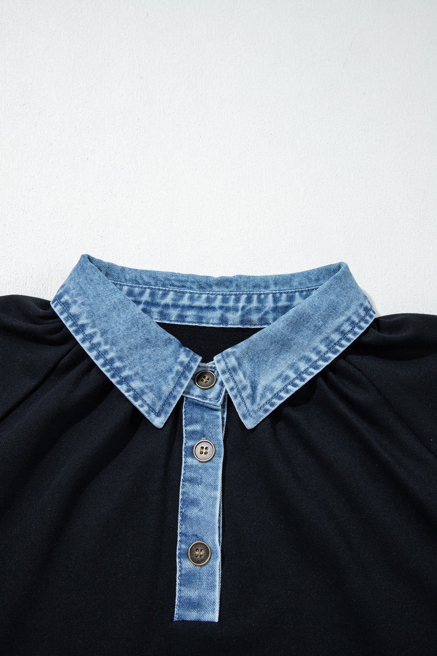 Plus Size Denim Patchwork Collared Long Sleeve Blouse