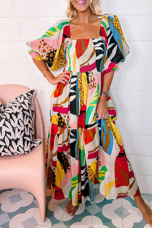 Abstract Puff Sleeve Maxi Dress