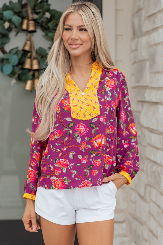 Floral Patchwork Split V-Neck Blouse