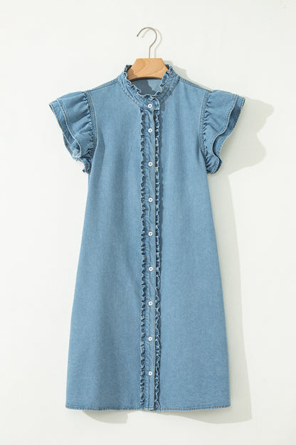 Solid Denim Frilled Ruffle Sleeve Buttoned Mini Dress