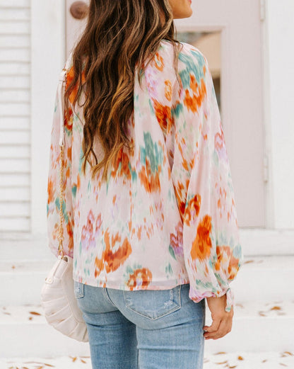 Abstract Floral Puff Sleeve Blouse