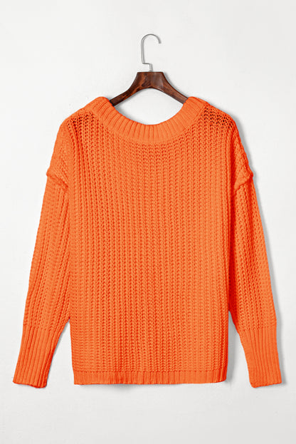 Solid Chunky Knit Ribbed Knit Round Neck Sweater