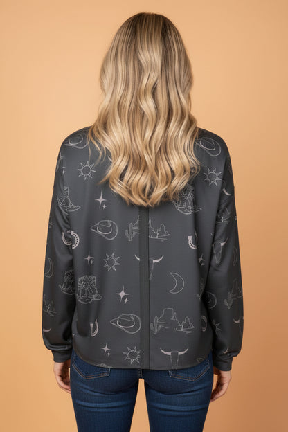 Western Crew Neck Long Sleeve Sweatshirt