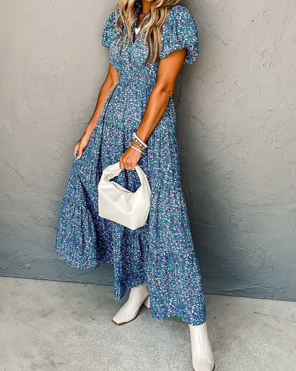 Shirred Puff Sleeve Maxi Dress