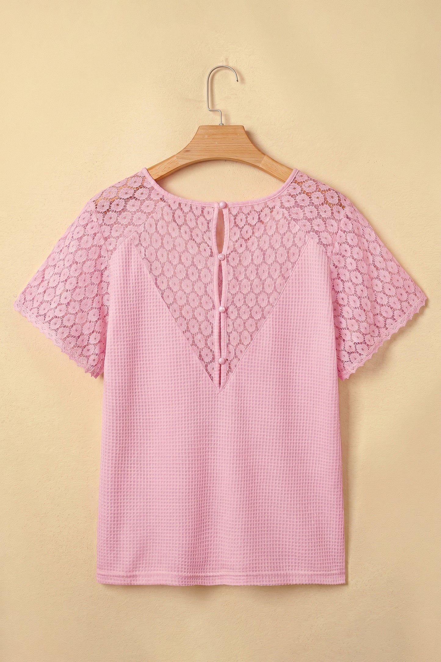 Lace Patchwork Buttoned Cutout Waffle Knit Blouse