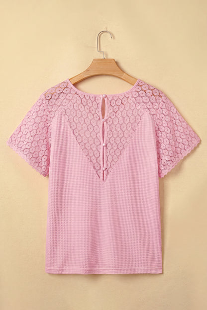 Lace Patchwork Buttoned Cutout Waffle Knit Blouse