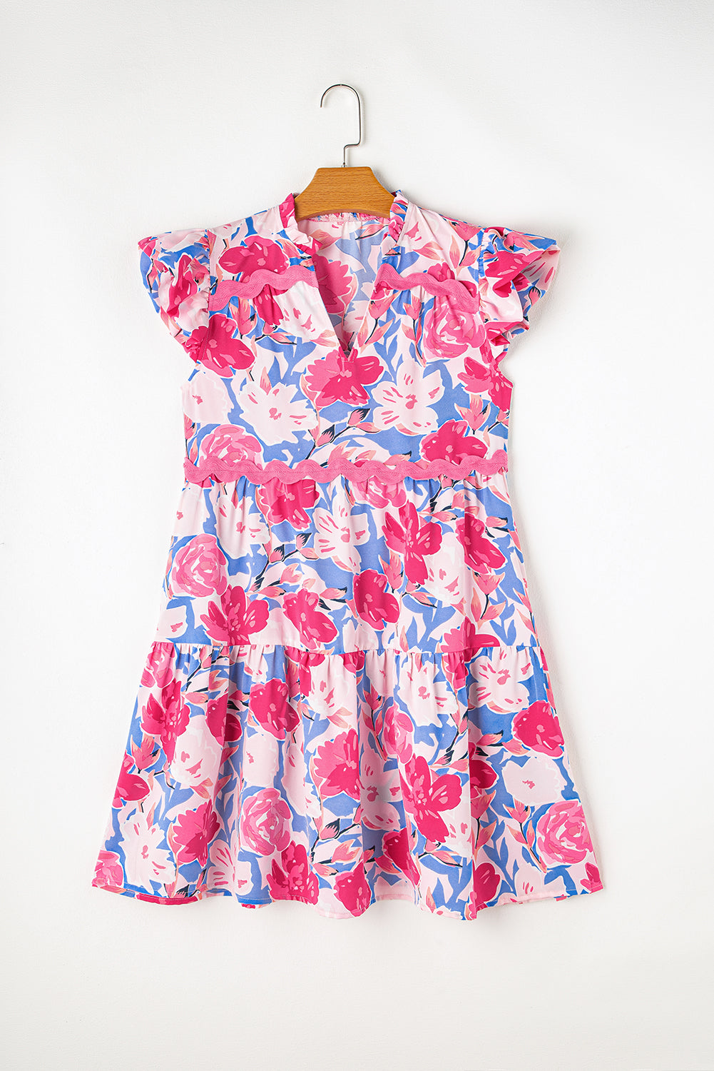 Floral Ric-Rac Flutter Sleeve V-Neck Dress
