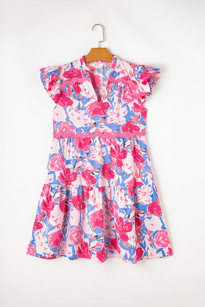 Floral Ric-Rac Flutter Sleeve V-Neck Dress