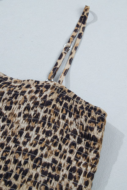 Leopard Shirred Ruffle Spaghetti Strap Tank Top