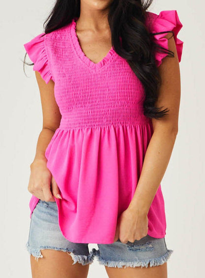 Ruffle Sleeve Smocked Peplum Top