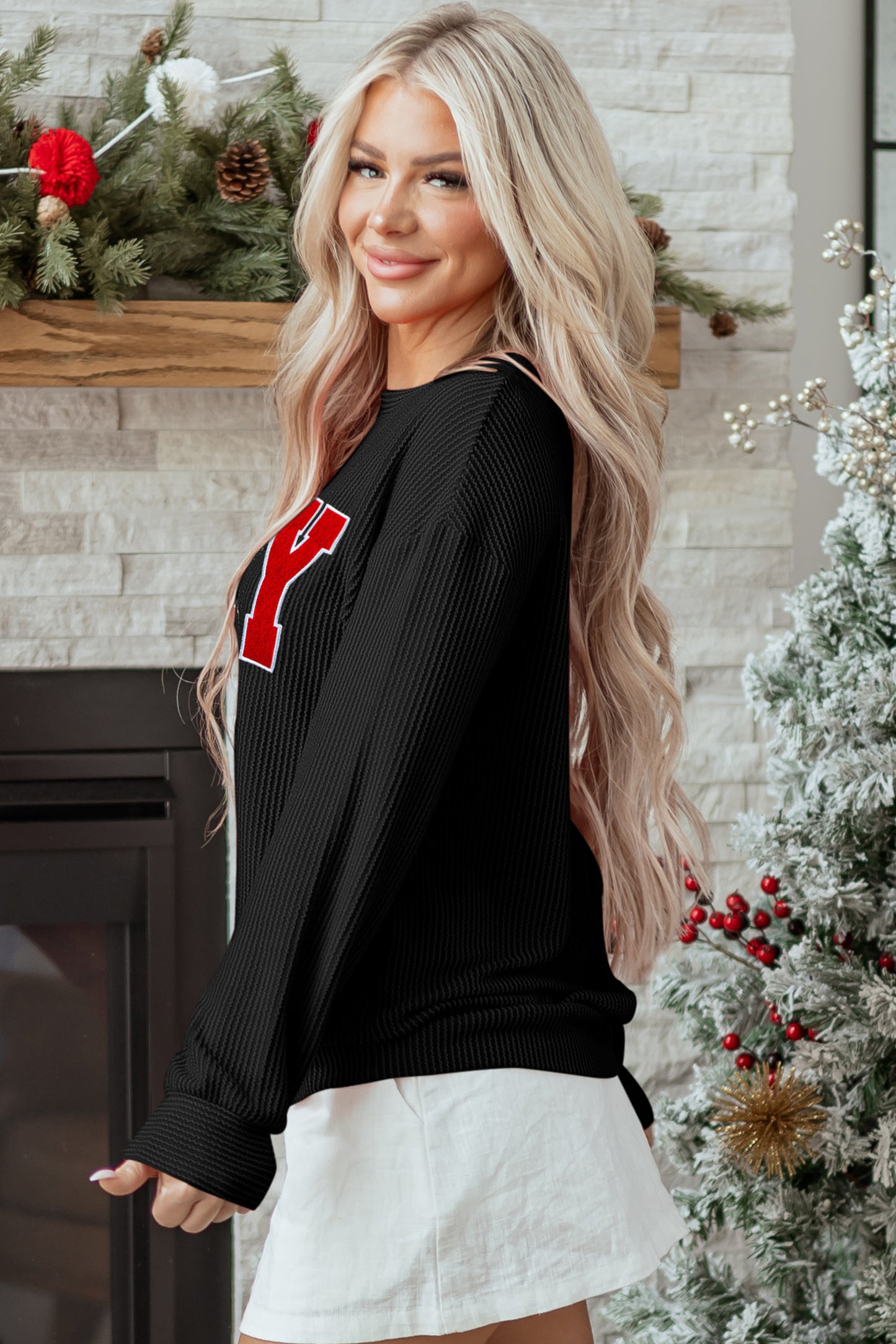 Christmas Merry Corded Knit Long Sleeve Top