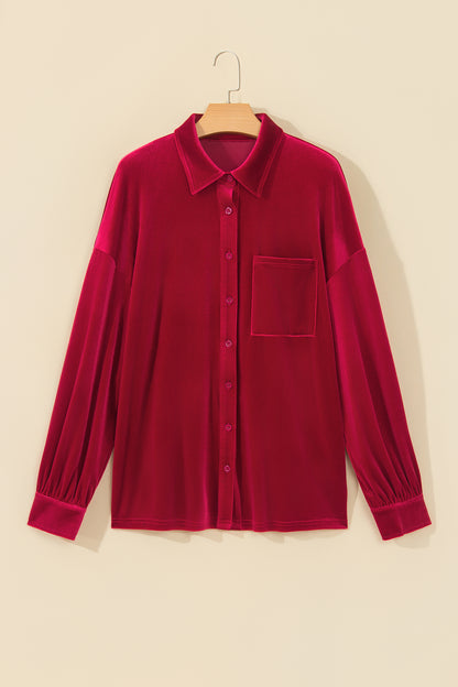 Solid Velvet Pocketed Long Sleeve Buttoned Shirt