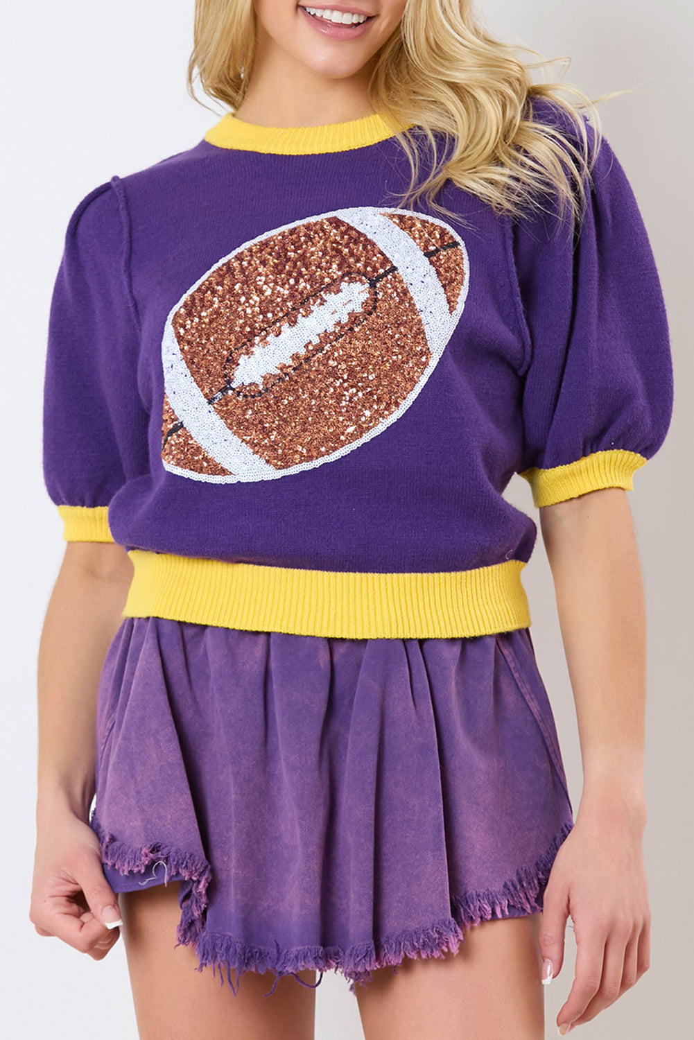 Colorblock Sequin Football Puff Sleeve Sweater