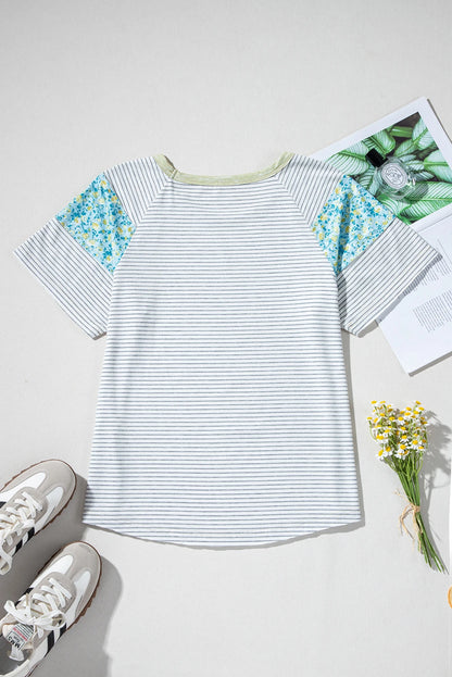 Floral Contrast Stripe Patchwork Raglan Sleeve Tee