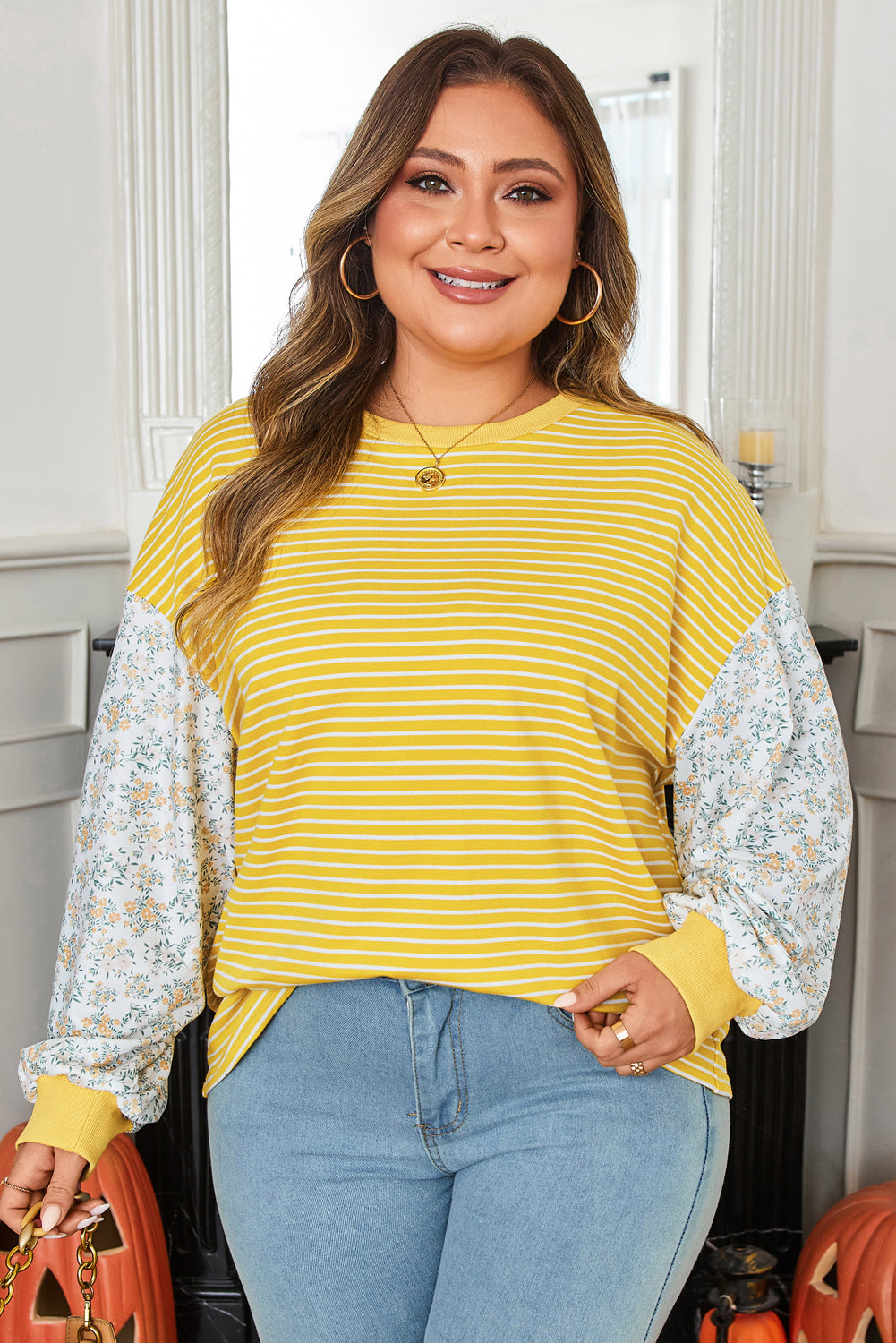 Plus Size Stripe Floral Patchwork Long Sleeve Top