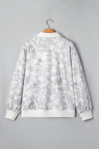 Floral Quarter Zip Collar Drop Shoulder Sweatshirt