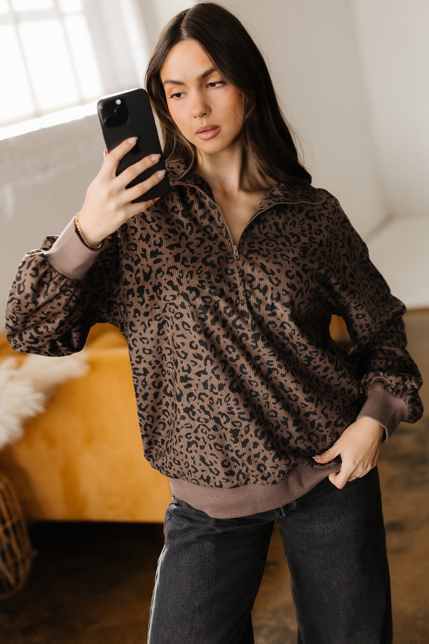 Leopard Corduroy Quarter-Zip Sweatshirt