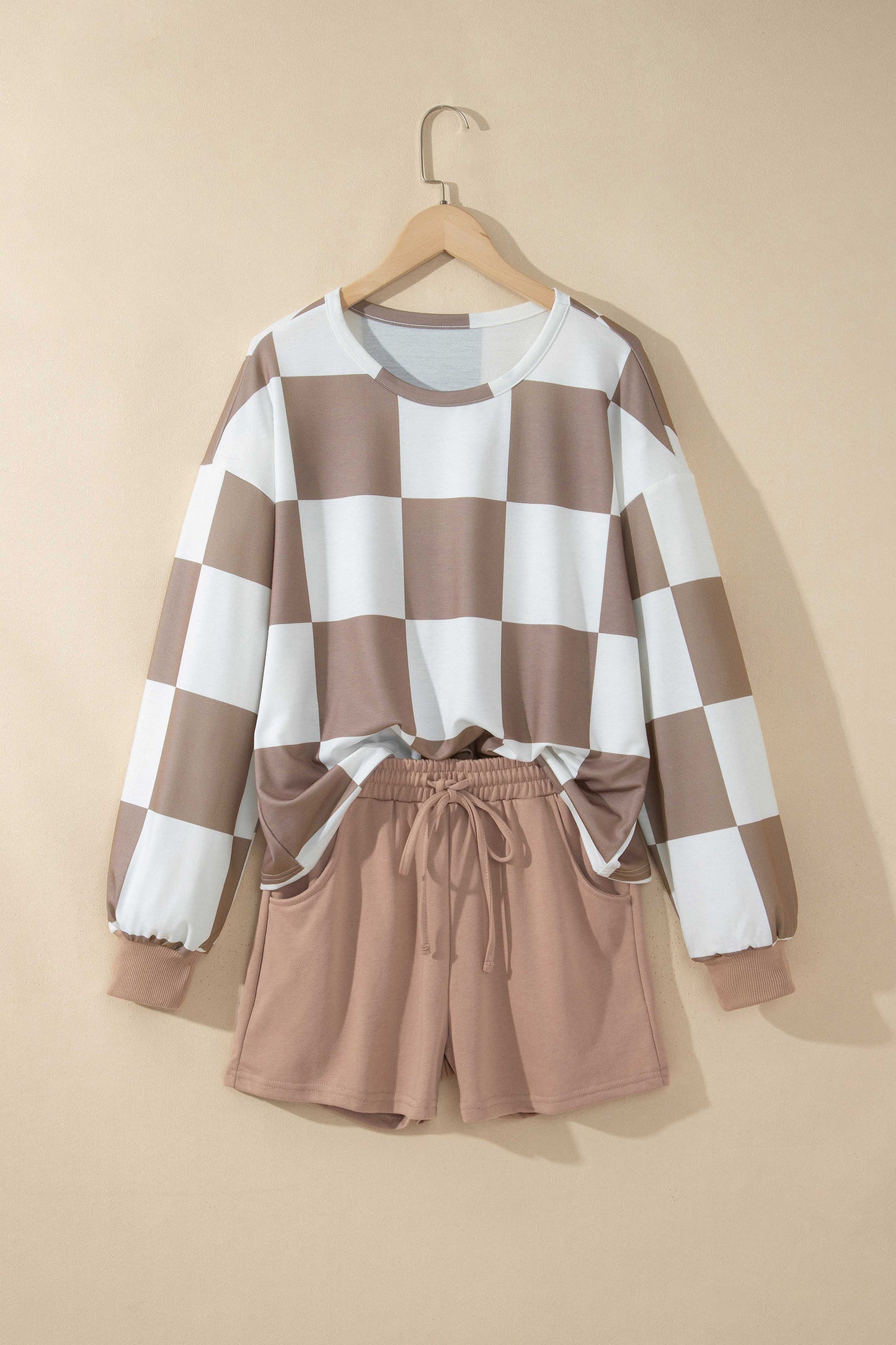 Checker Long Sleeve Top & Drawstring Shorts Set