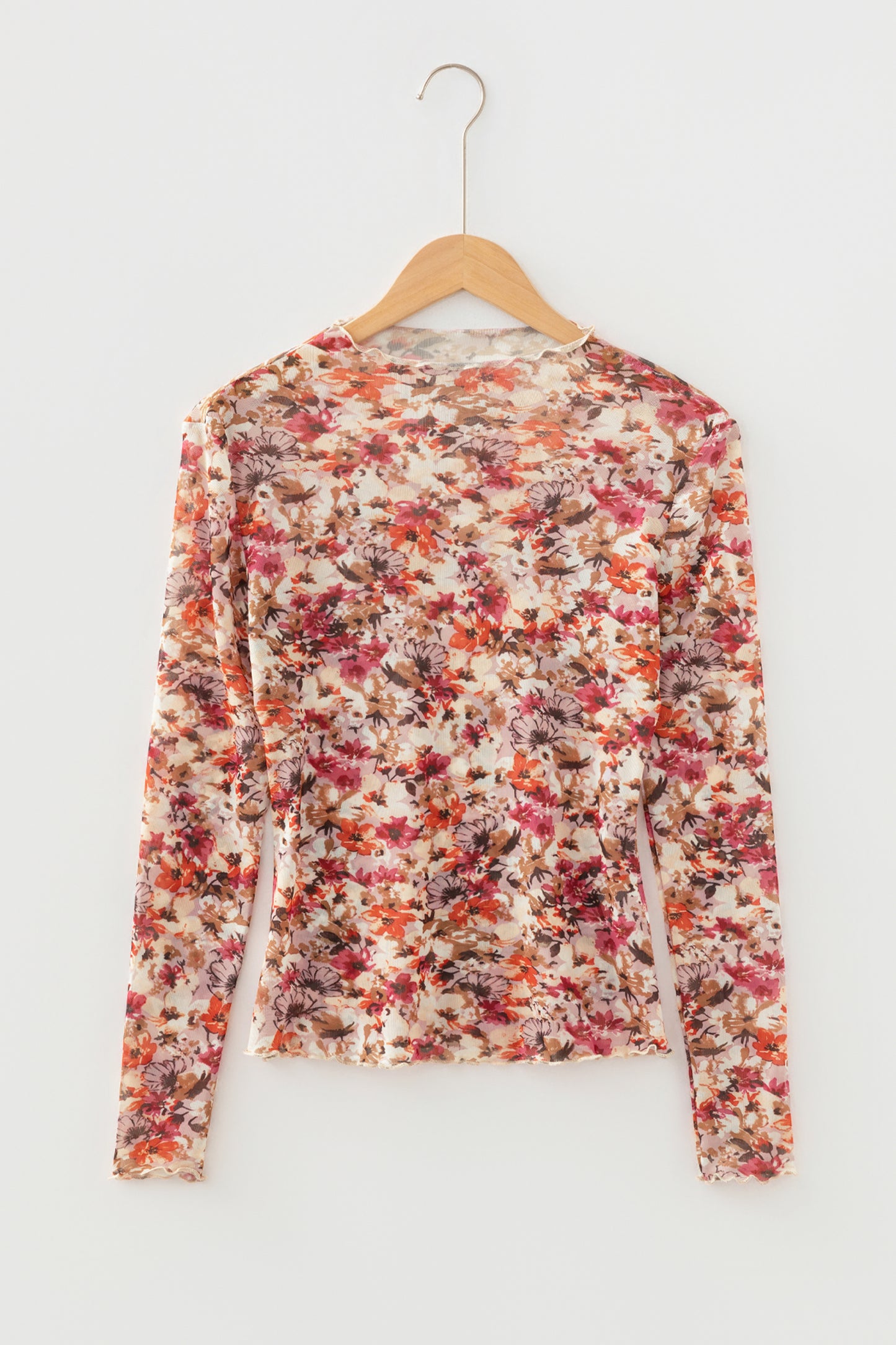 Floral Mesh Lettuce Trim Long Sleeve Top