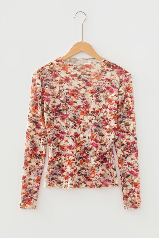 Floral Mesh Lettuce Trim Long Sleeve Top