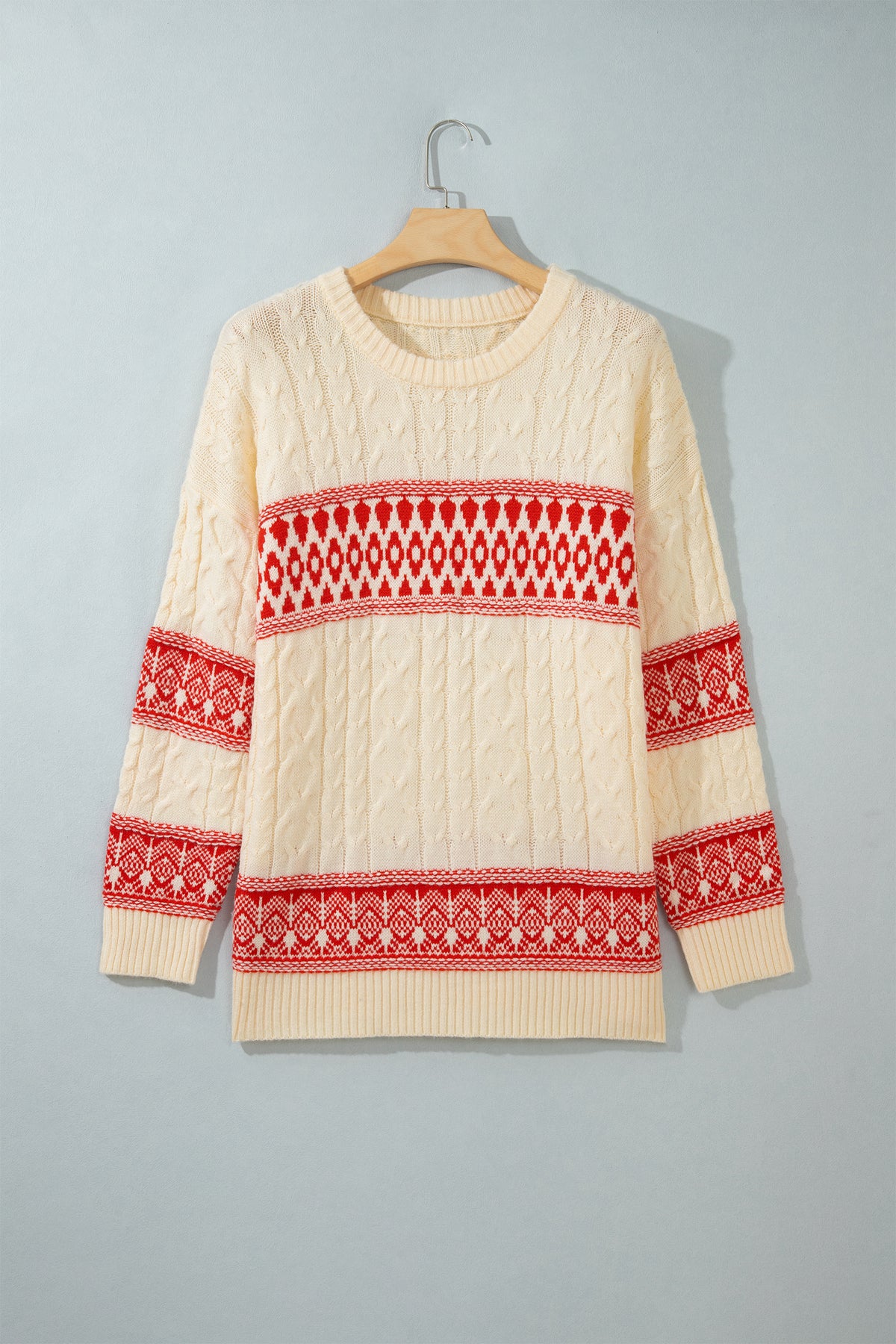 Western Fair Isle Cable Knit Round Neck Sweater