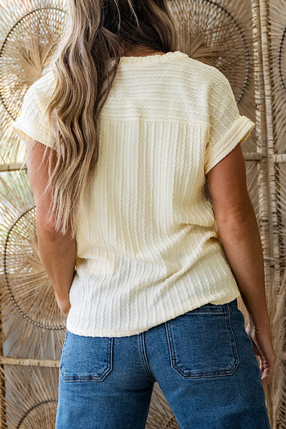 Cable Knit Textured V-Neck Short Sleeve T-Shirt