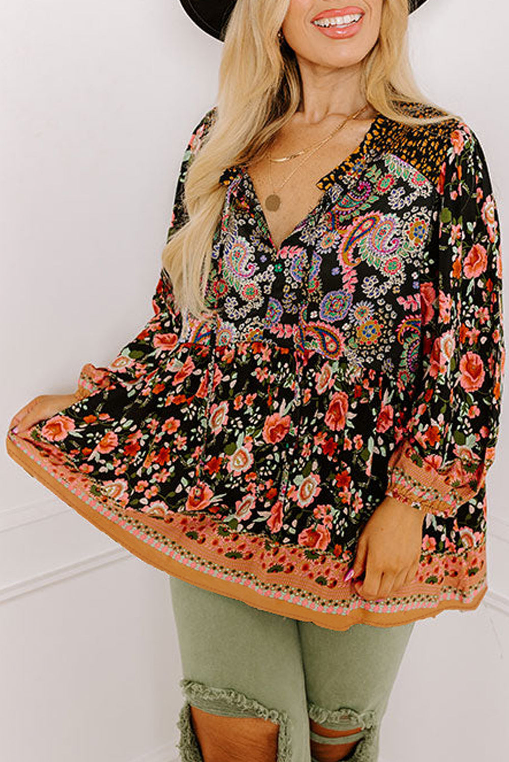 Plus Size Floral V-Neck Bubble Sleeve Blouse