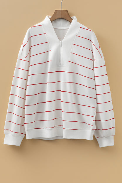 Stripe Zipped V-Neck Long Sleeve Top