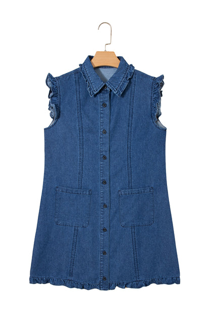 Denim Ruffle Edge Collared Button Up Dress