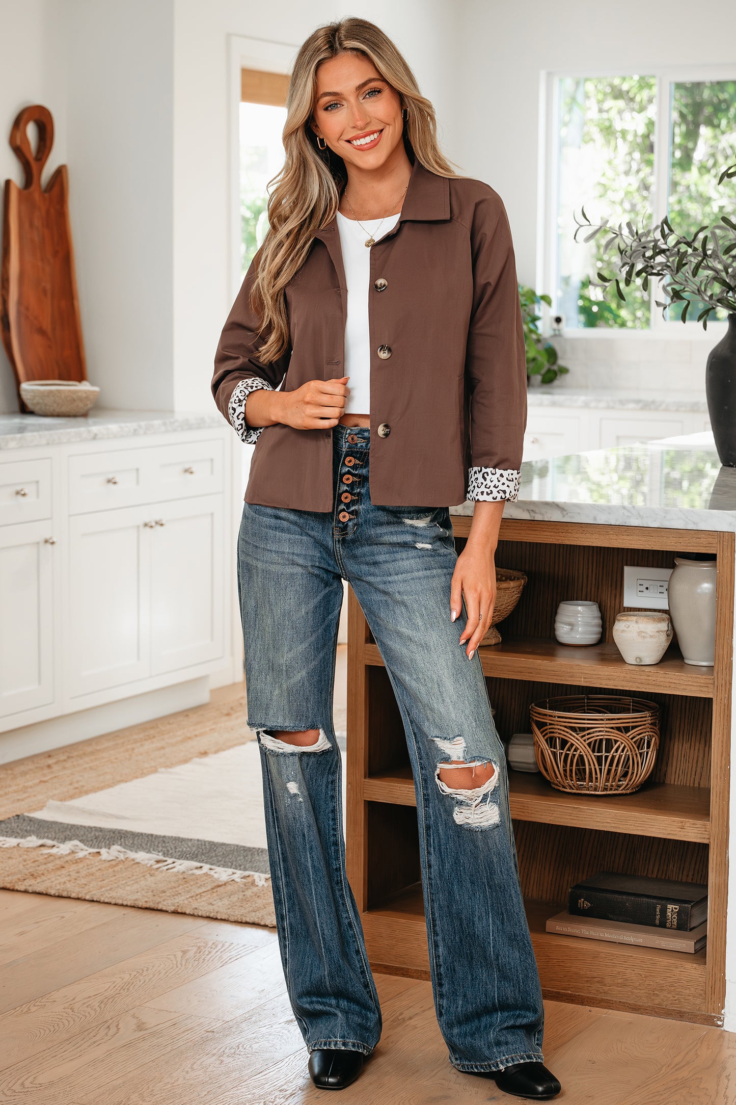 Leopard Lined Button Up Collared Jacket