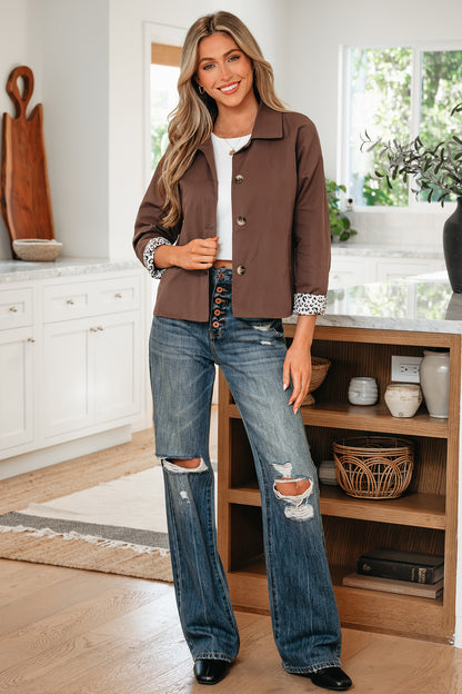 Leopard Lined Button Up Collared Jacket