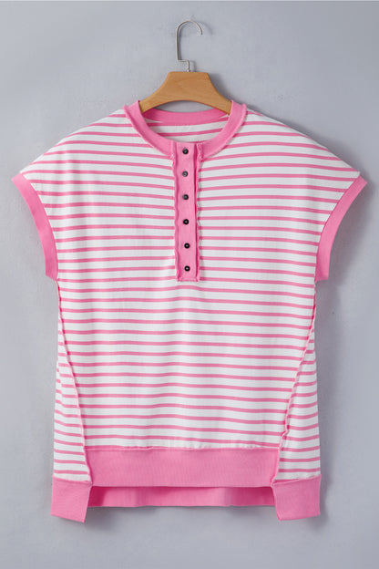 Stripe Half Placket High Low Short Sleeve Top