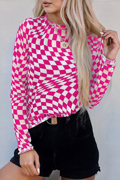 Checker Mesh Mock Neck Long Sleeve Top