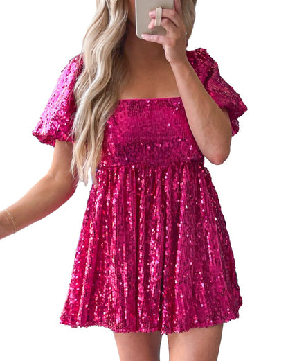 Sequin Puff Sleeve Babydoll Romper