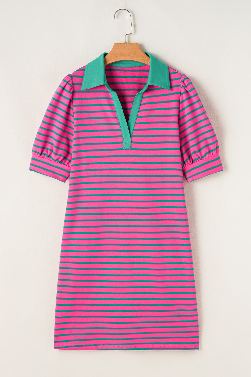 Stripe Collared V-Neck Puff Sleeve T-Shirt Dress