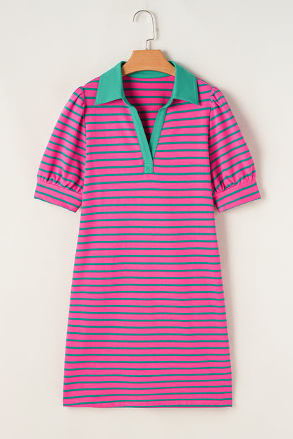 Stripe Collared V-Neck Puff Sleeve T-Shirt Dress