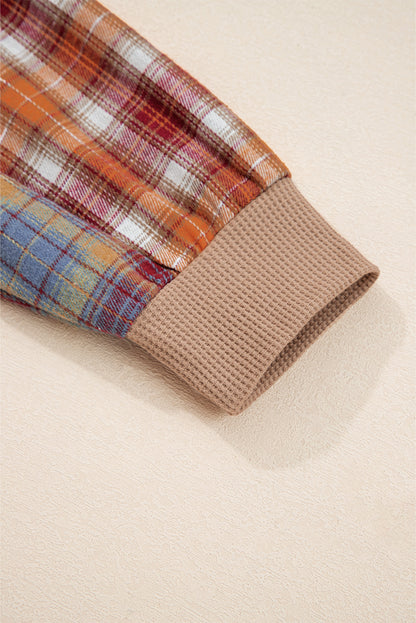 Stripe Plaid Patchwork Waffle Knit Henley Top