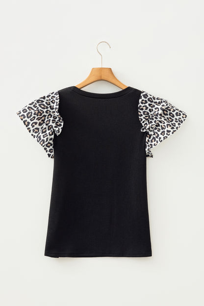 Leopard Contrast Ruffle Short Sleeve Ribbed Top