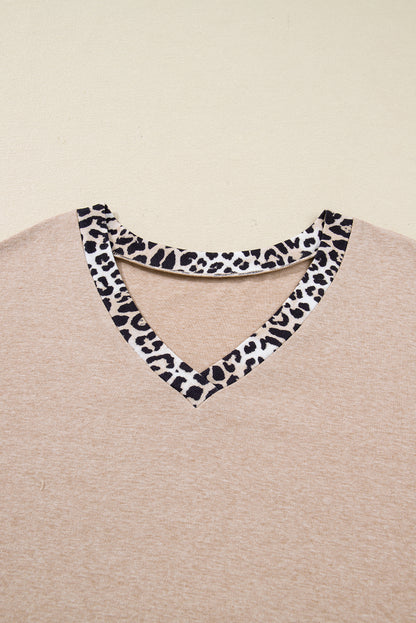 Plus Size Leopard Patchwork V-Neck Long Sleeve Top