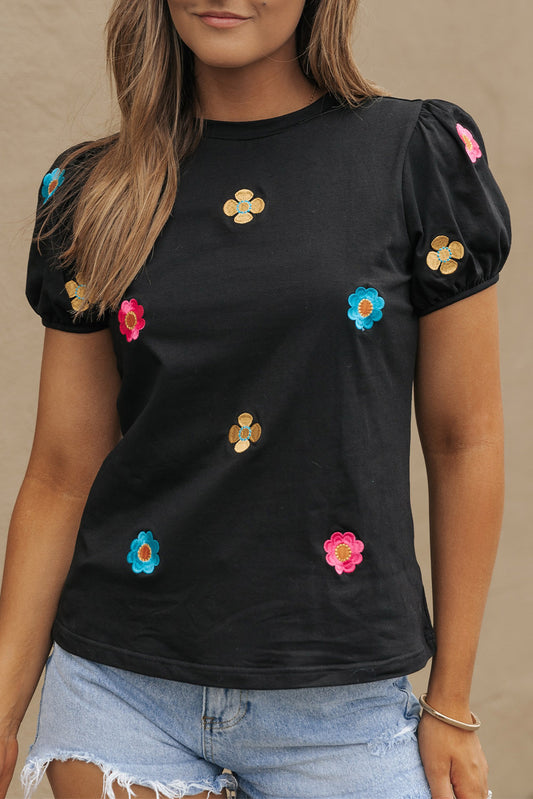 Floral Embroidered Puff Sleeve Tee