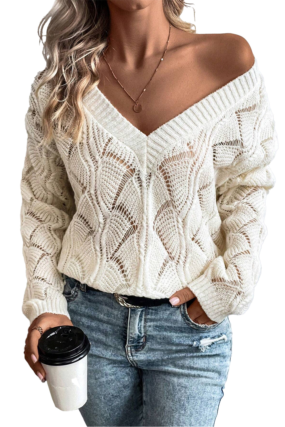 Hollowed Knit V-Neck Sweater